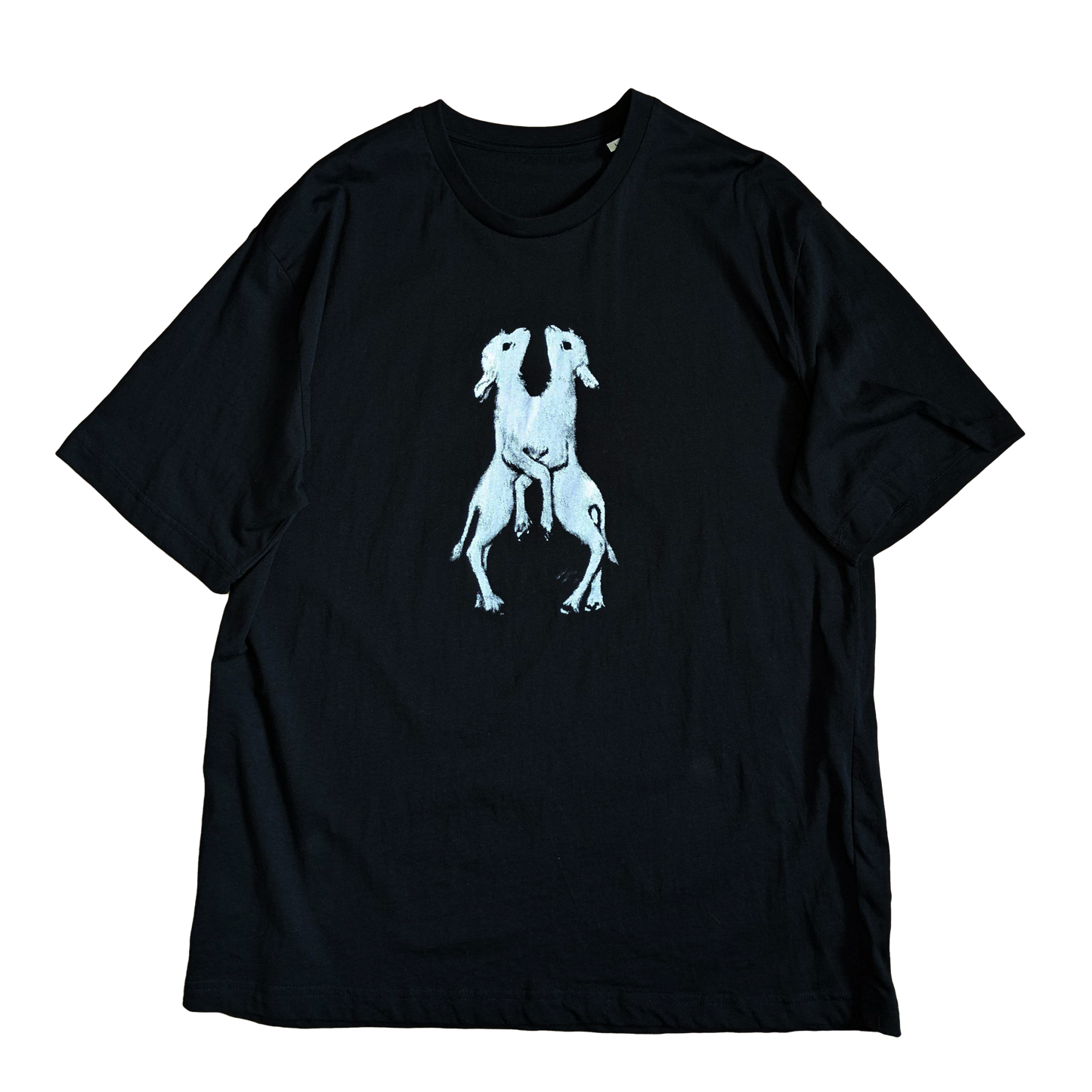 Black Oversitzed T-shirt with an image of a conjoined twin lamb on the front. This image has been screen printed onto the T-Shirt for a edgy vintage feel.